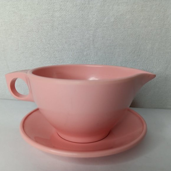 Vintage Boonton Ware Melamine Sugar Bowl Creamer Saucer Set Pink USA Made - Picture 3 of 16